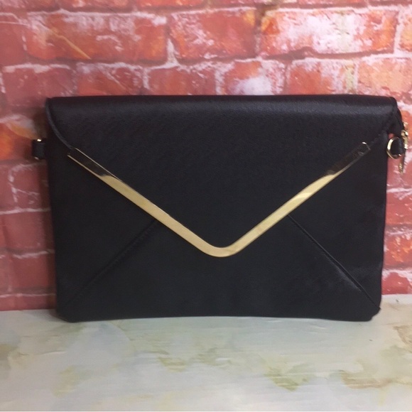 Handbags - Retro Black Envelop Clutch with Gold Trim